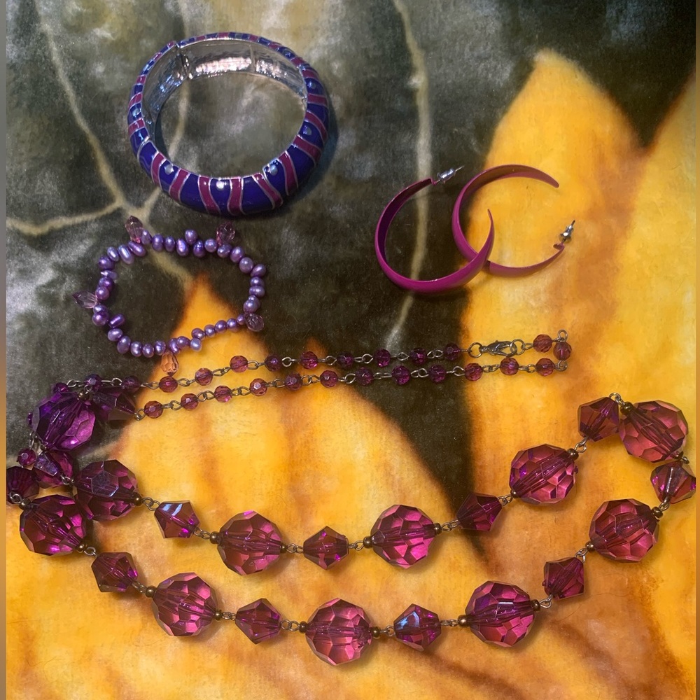Purple Earrings, Bracelets, and Necklace